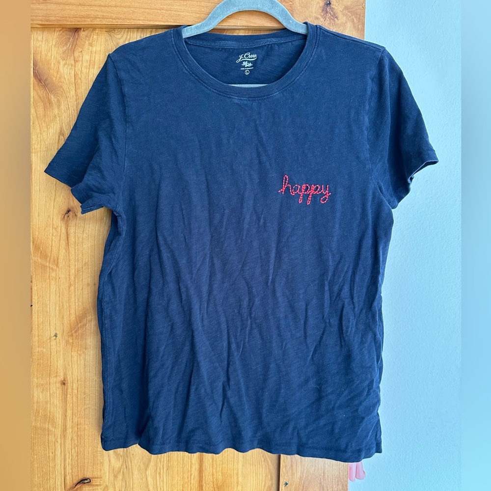 J.Crew Tee Happy Embroidery Navy Blue Short Sleeve L